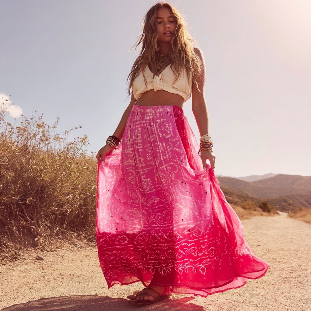 Graham Kandiah Silk Skirt Pink Tie Dye Boho Maxi Lined Flowy Festival Resort